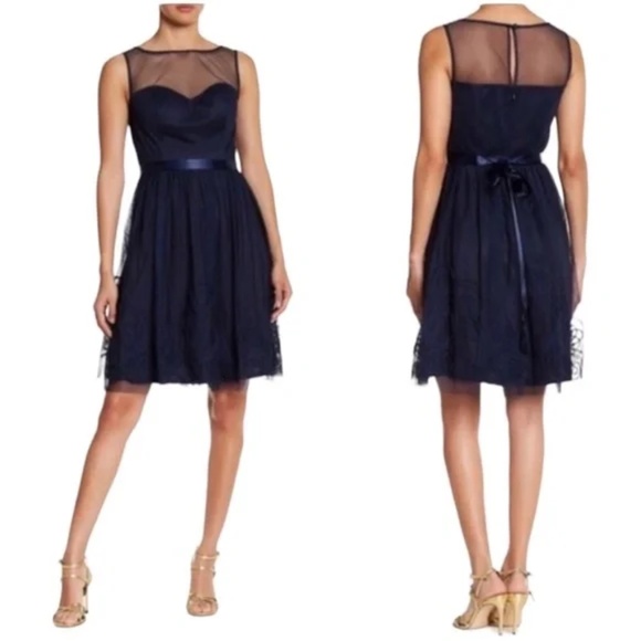Eliza J Navy Mesh Illusion Bodice Cocktail Dress with Embroidered Hem Size S - Picture 1 of 15
